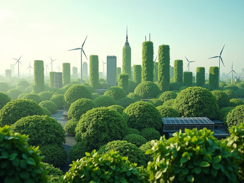 A green city with solar panels and wind turbines.