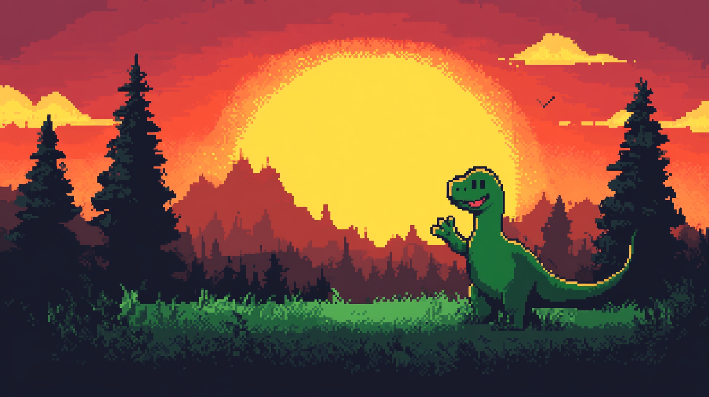 A green dinosaur waving in sunny 8-bit clearing