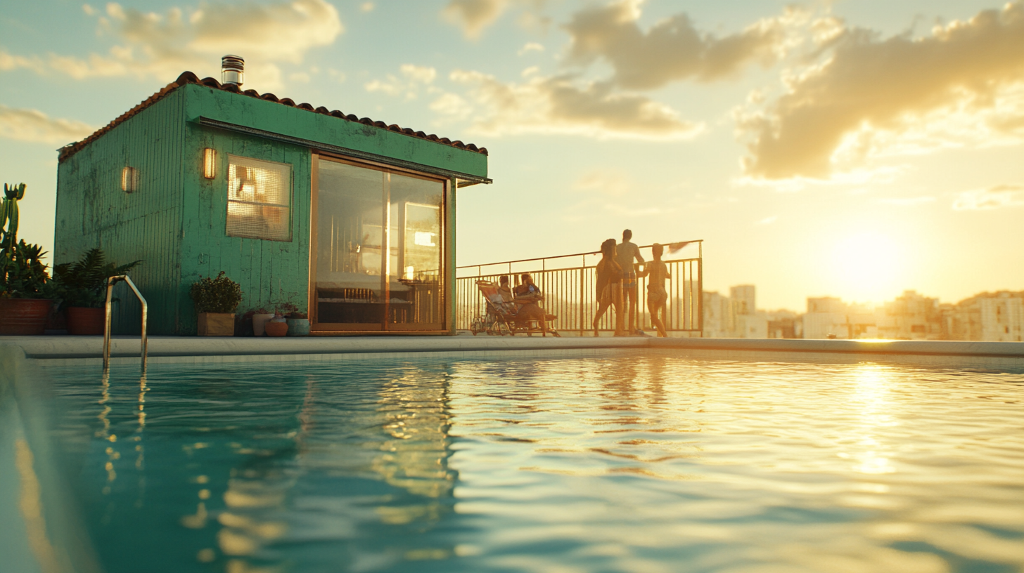 A green hut beside rooftop pool on sunny day.