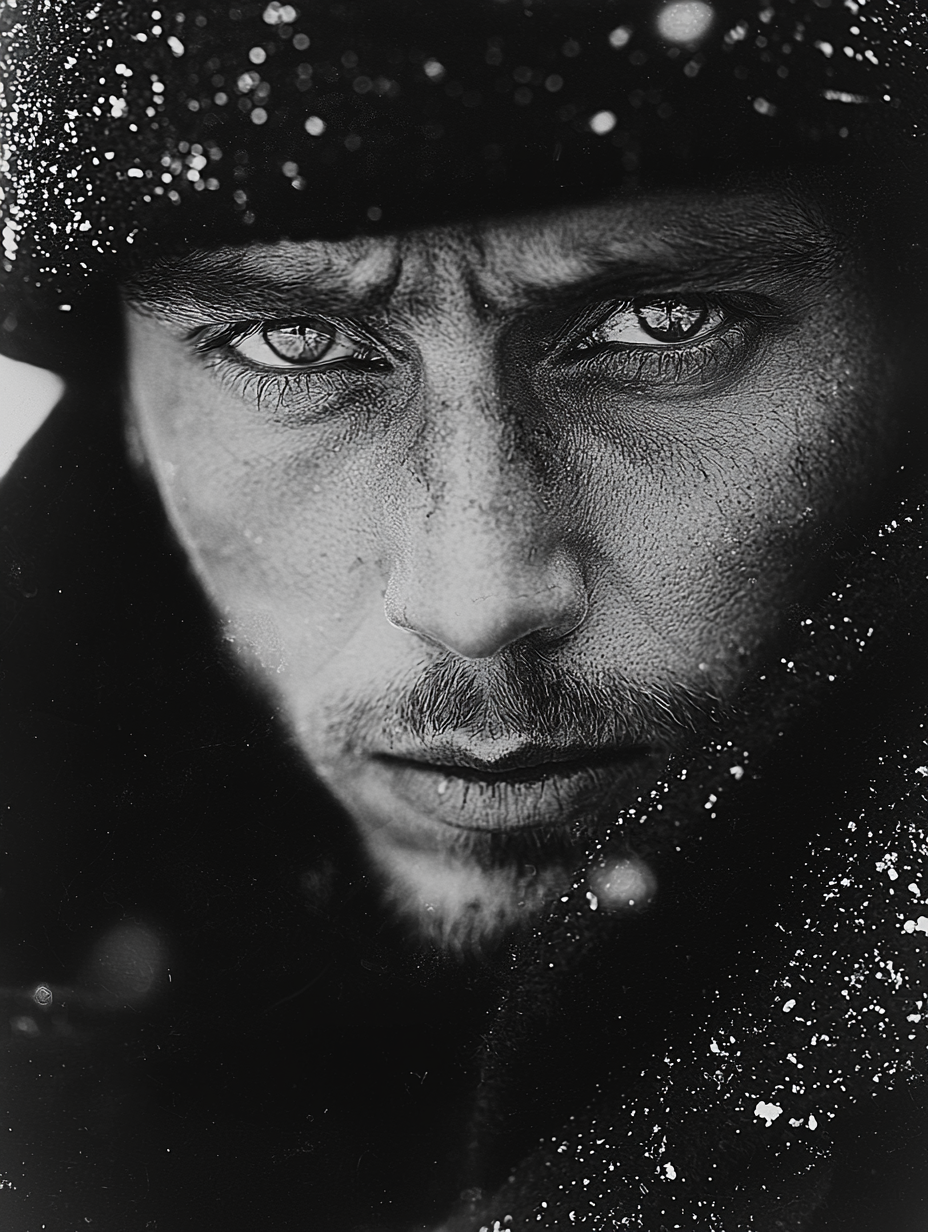 A grim Soviet soldier in black and white