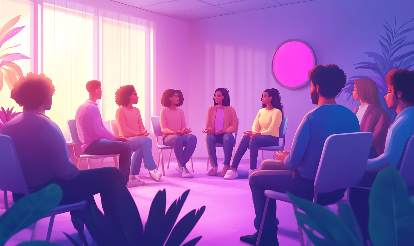 A group of people in therapy sharing emotions.