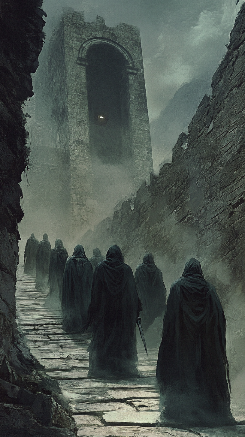 A group of wizards on dark fantasy book cover