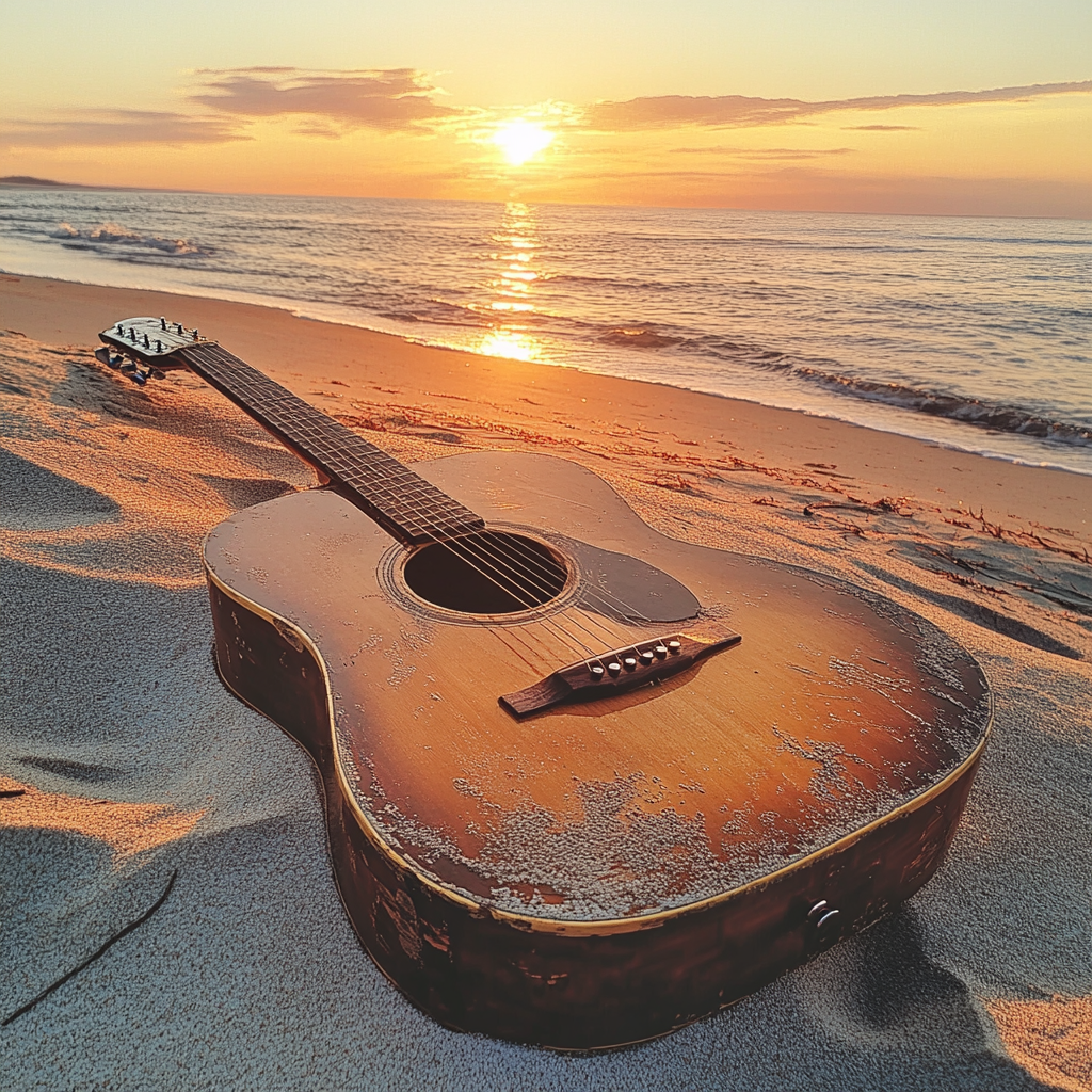 A guitar on sand with ocean and sunset scene.