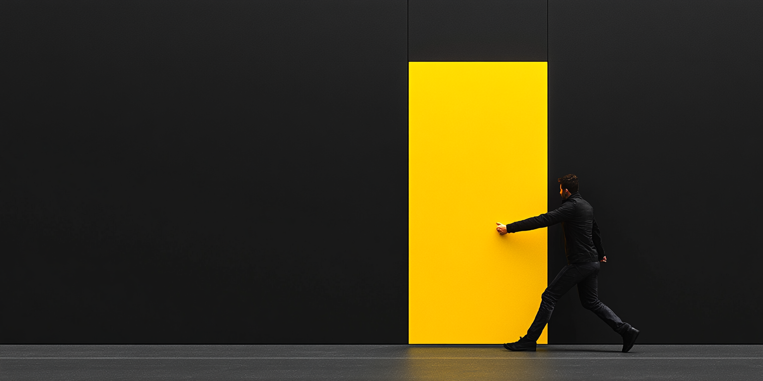 A guy pulling a yellow door in modern room.