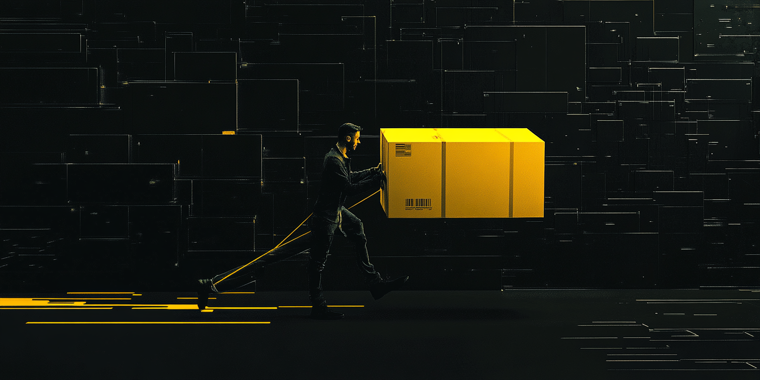 A guy pulling yellow box in modern tech theme.