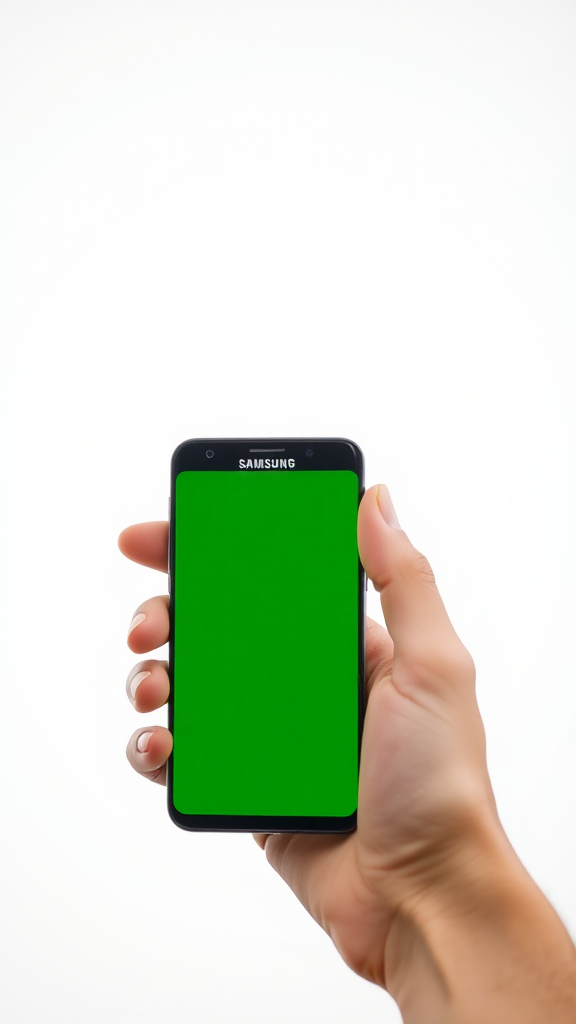 A hand holding a green Samsung Galaxy phone.