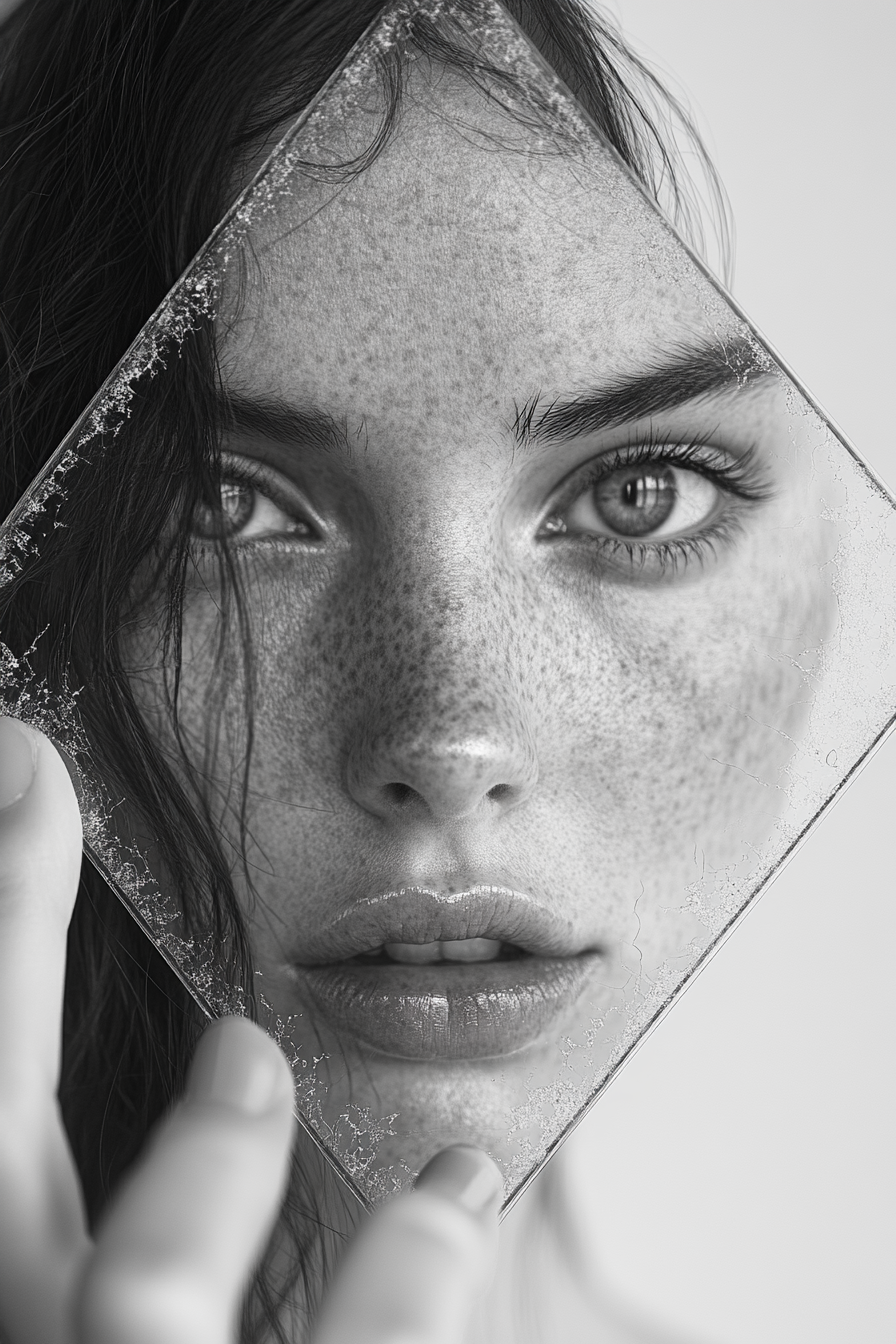 A hand holding a hexagon paper with a distorted young woman's face.