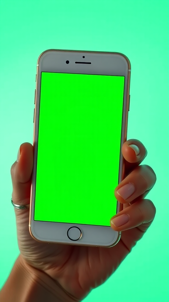 A hand holding a white iPhone with green screen.