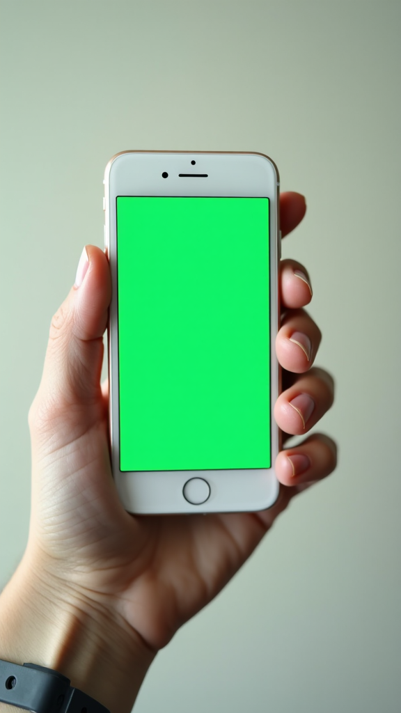 A hand holding a white iPhone with green screen.