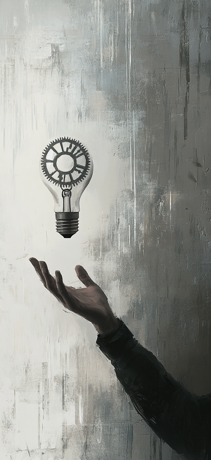 A hand holding lightbulb with floating gear in gray.