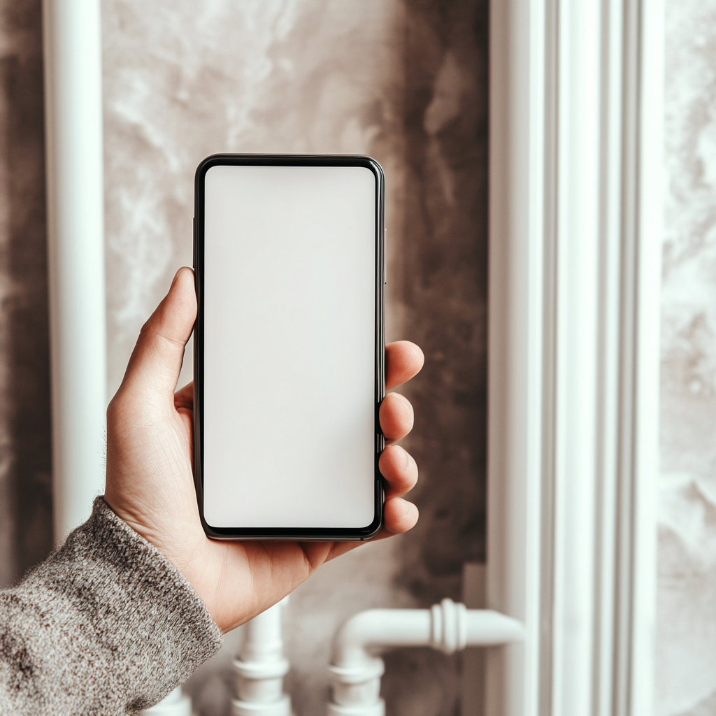 A hand holds phone next to heating system