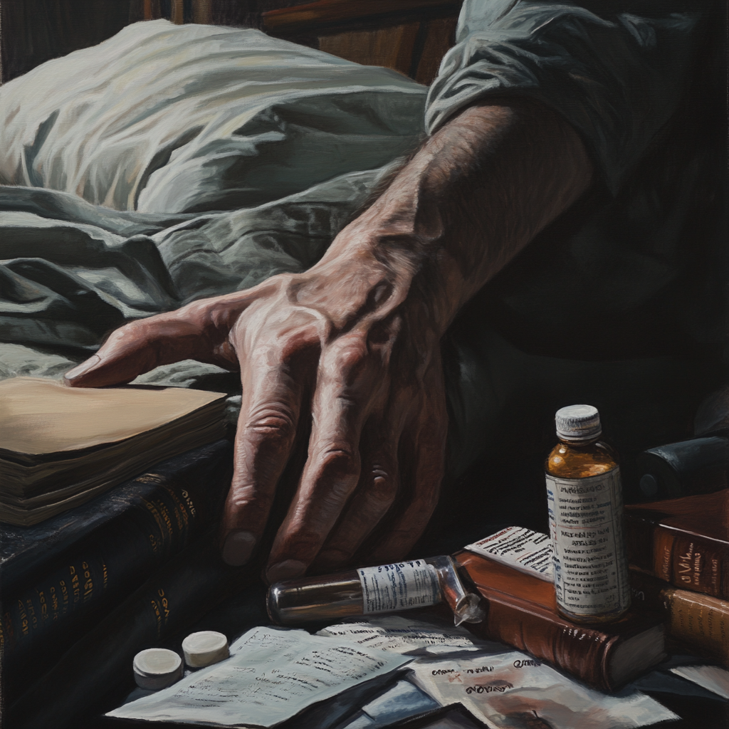 A hand on bed with books & pill bottles