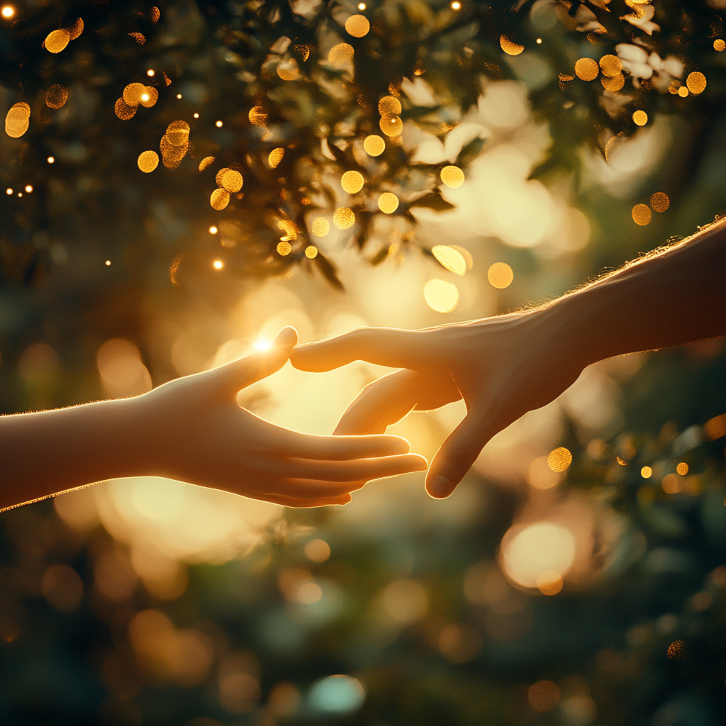 A hand reaching out with glowing light.