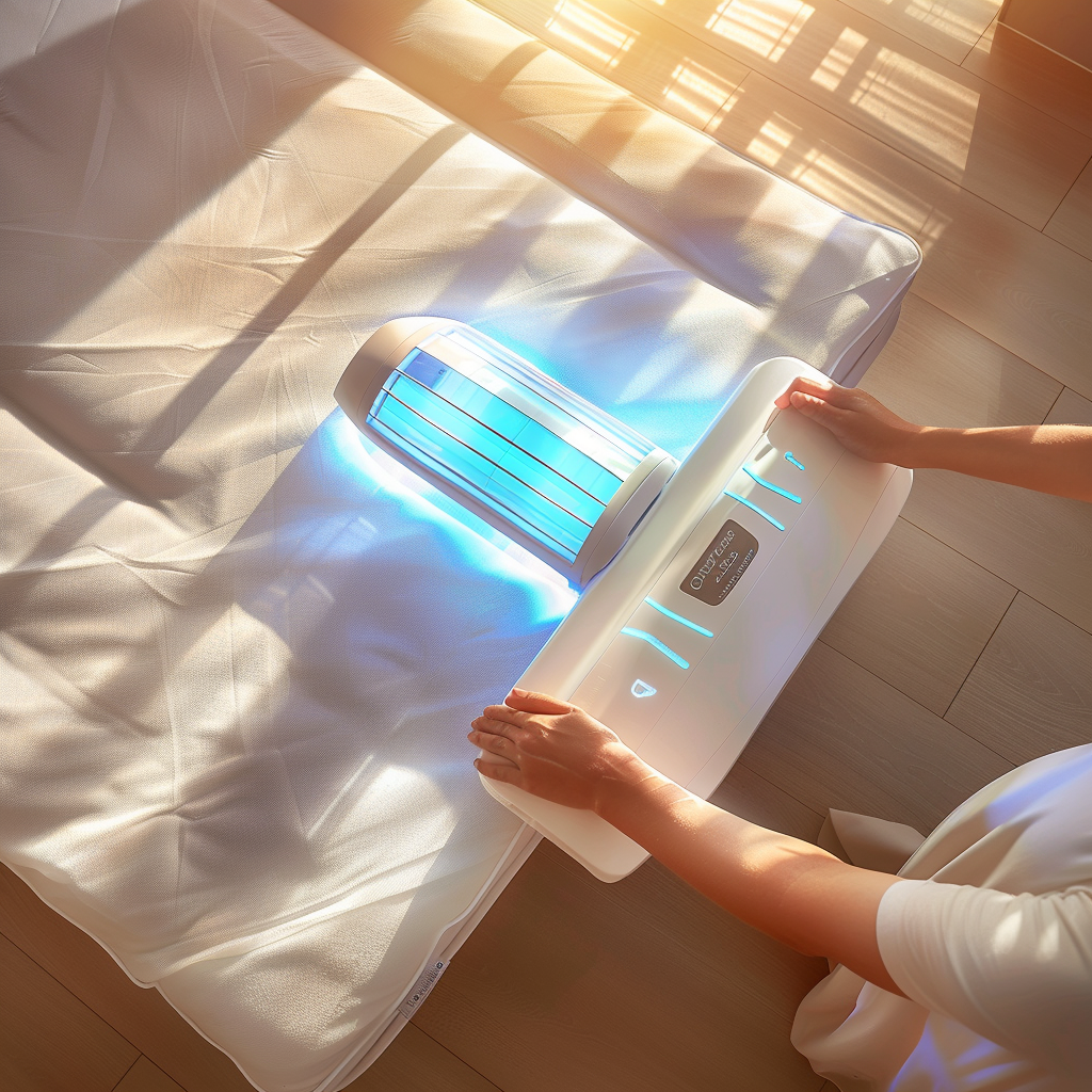 A hand uses UV sterilizer on mattress, glowing blue.