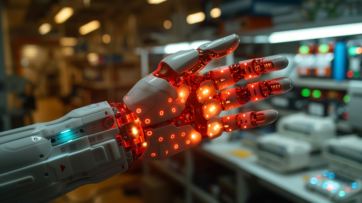 A hand with red laser glove guides robot