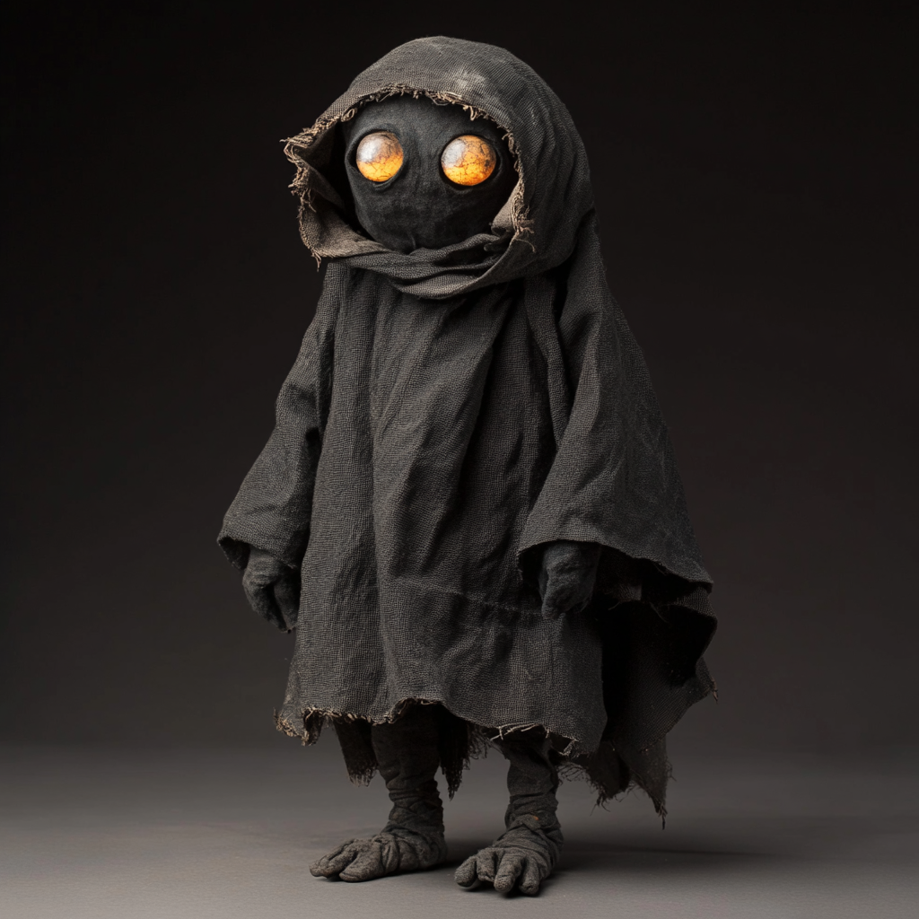 A handmade puppet with glowing eyes in tattered cloak.