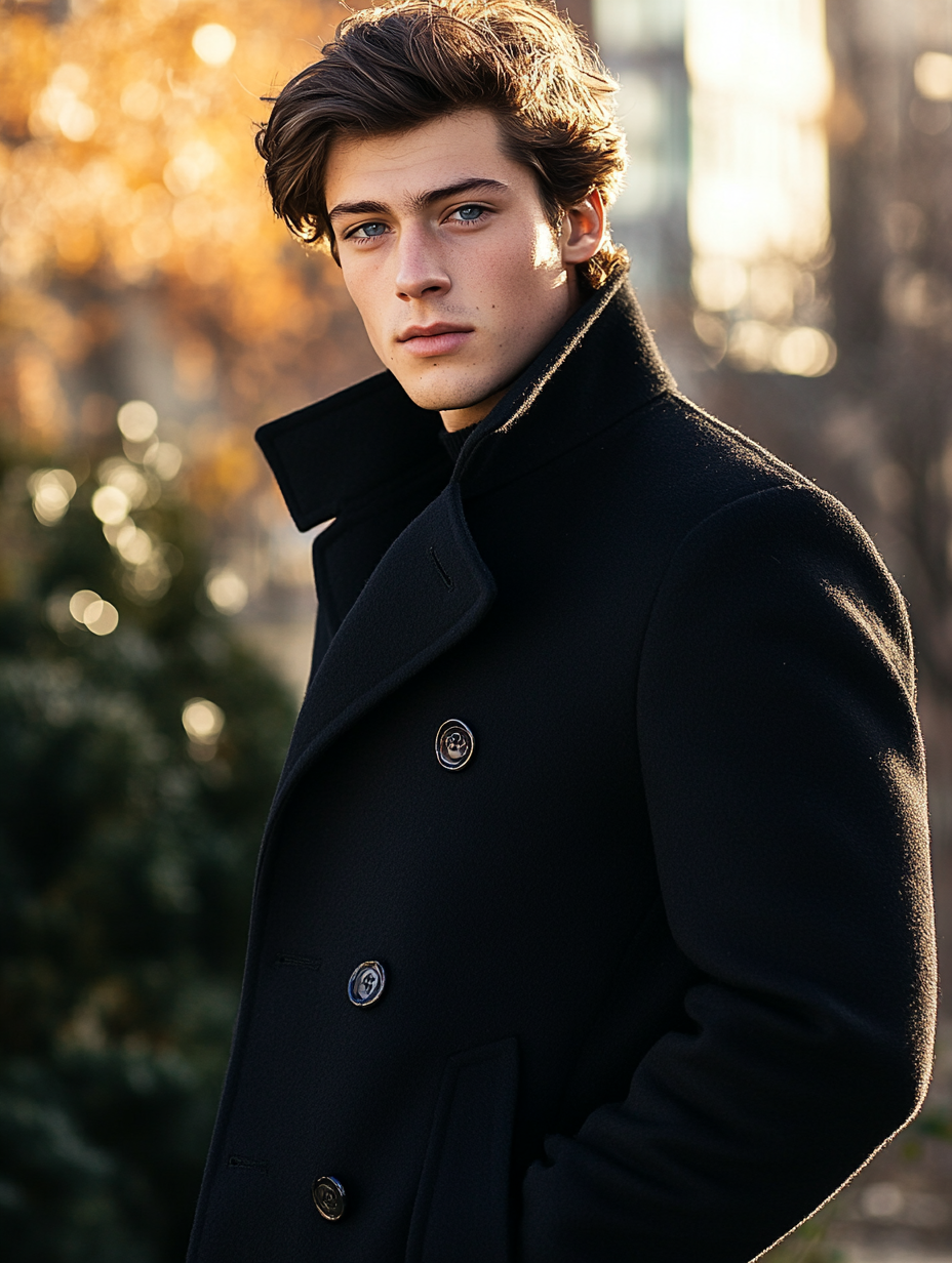 A handsome 21-year-old man in black coat