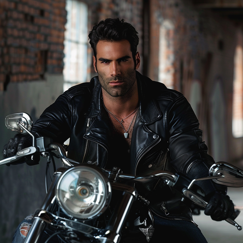 A handsome Italian American man on a motorcycle.