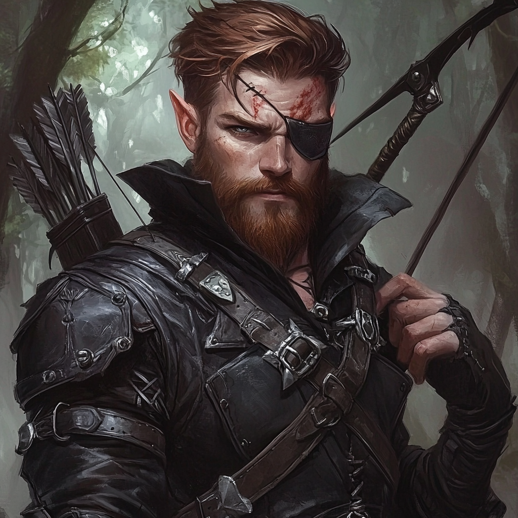 A handsome half-elf ranger in black armor.