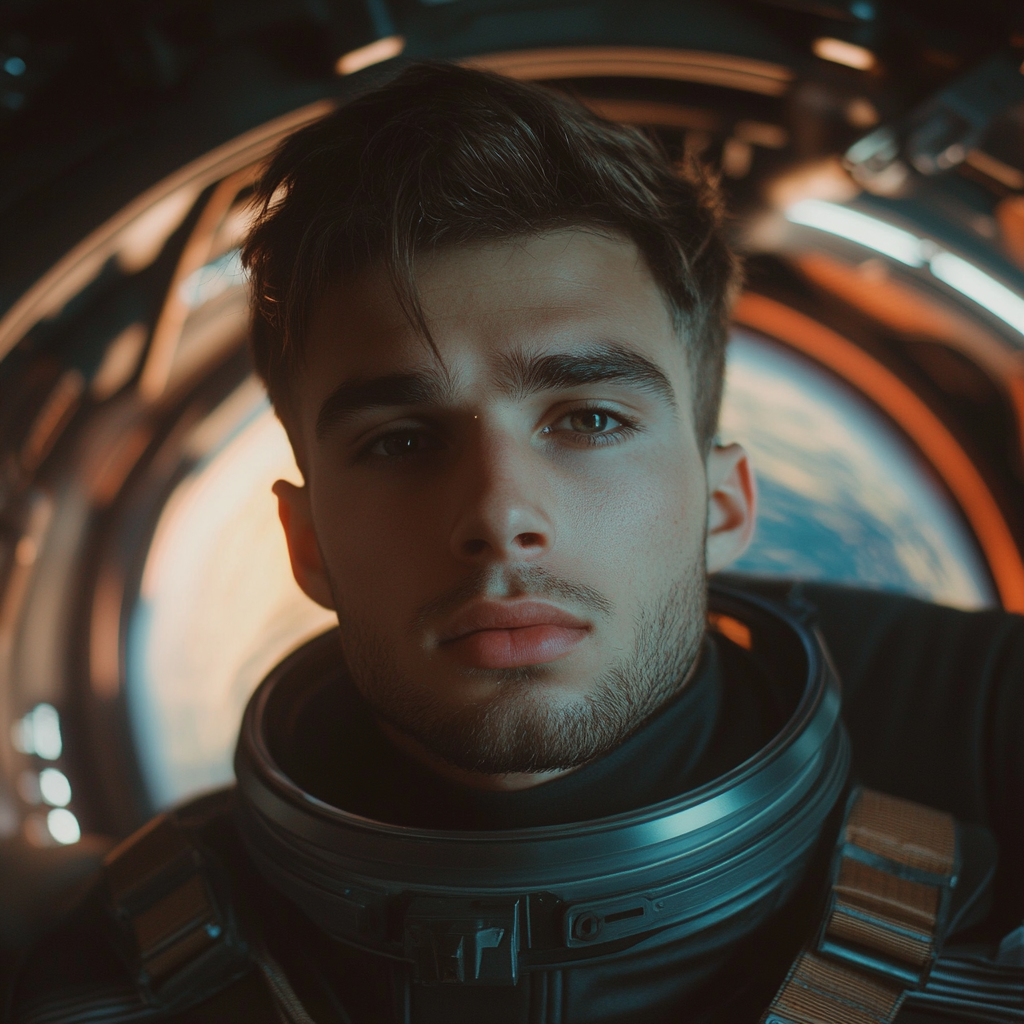 A handsome male influencer in spaceship, looking at camera.