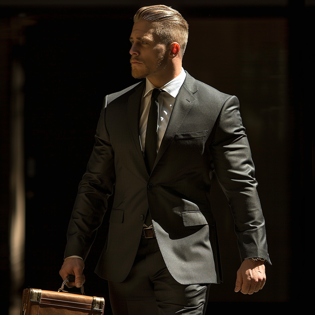 A handsome man in a suit with blonde hair.