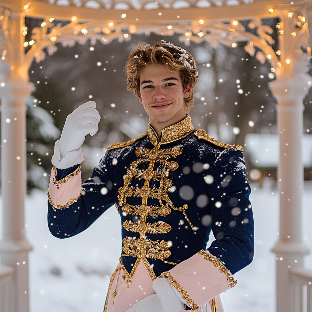 A handsome man in festive uniform at snowy gazebo.