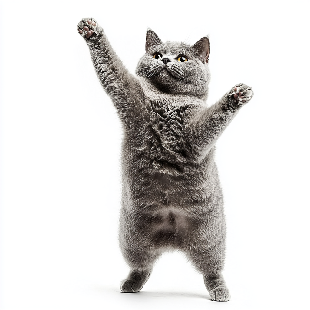 A happy British shorthair cat posing on two legs.