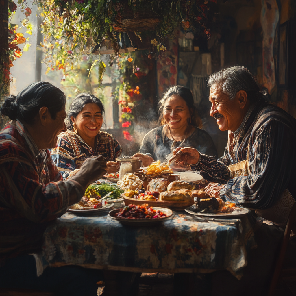 A happy Guatemalan family sharing a meal together