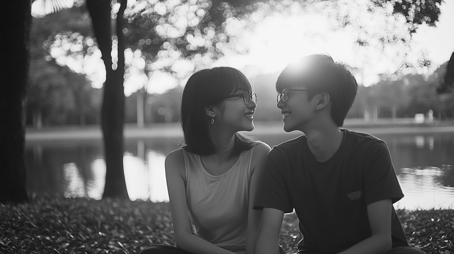 A happy Singaporean boy with his friend at park