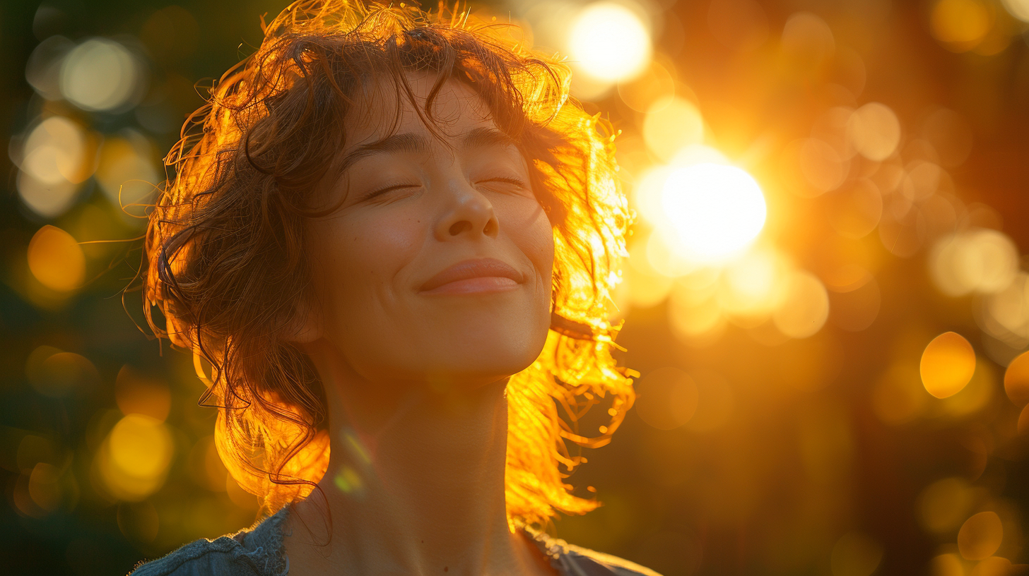 A happy adult walking in peaceful morning park