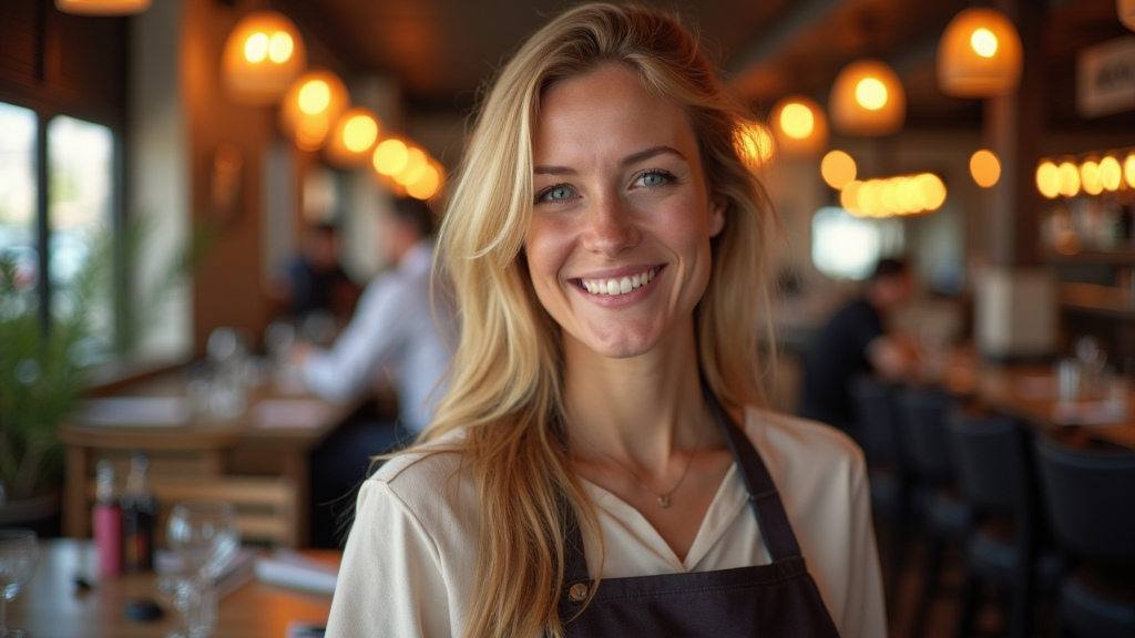 A happy blonde waitress in a bustling restaurant.