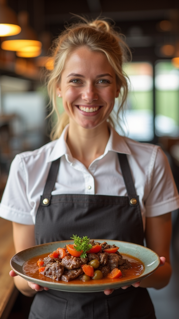 A happy blonde waitress serving beef dish.