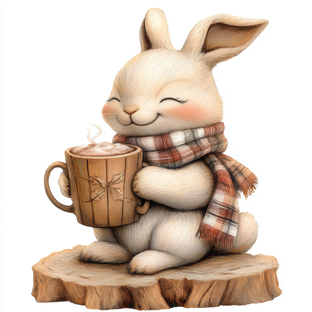 A happy bunny with hot chocolate on a stump.