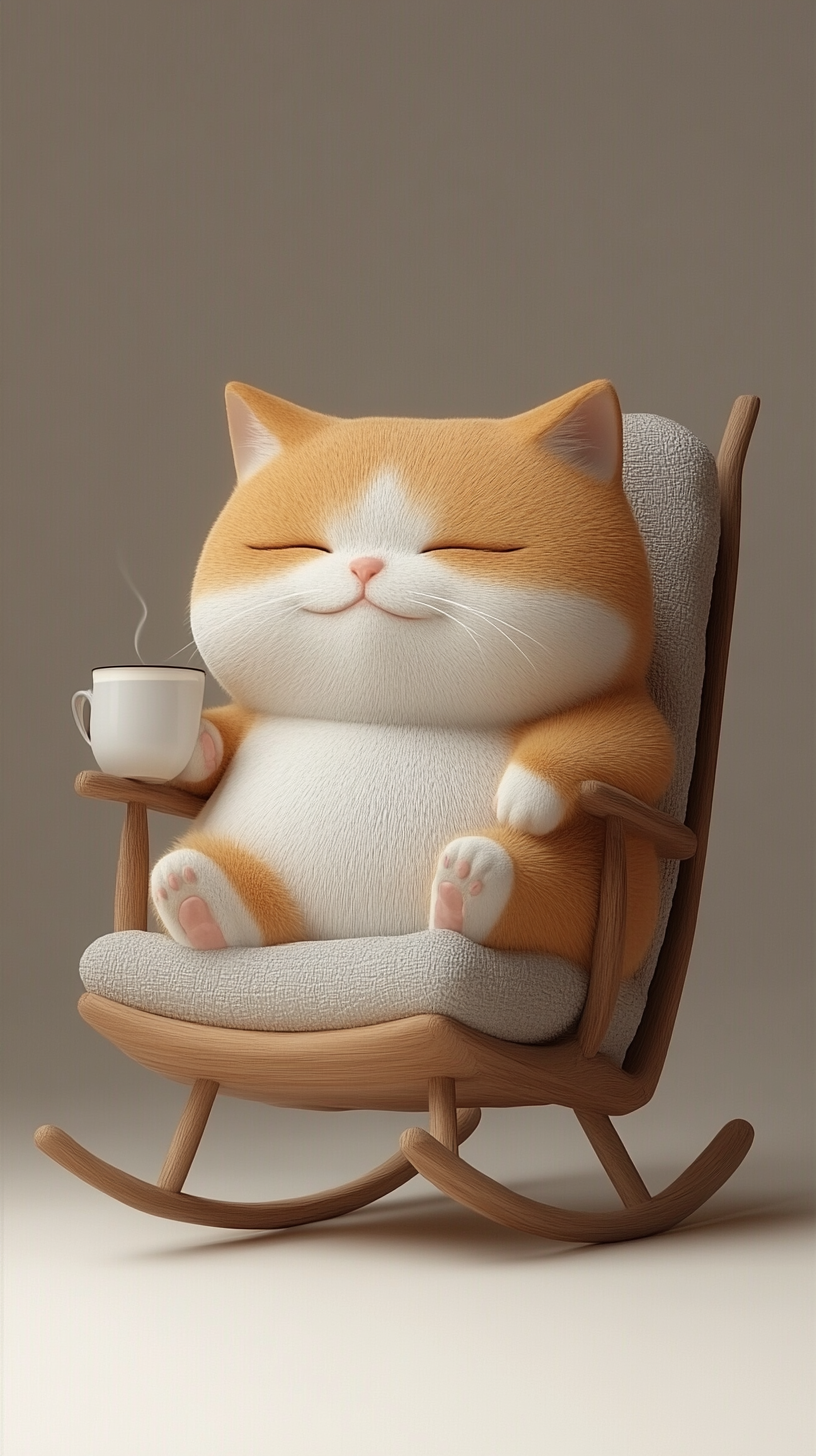 A happy cat enjoying tea in a cozy chair.