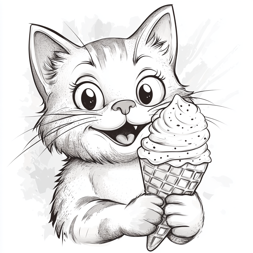 A happy cat holds ice cream in parlor