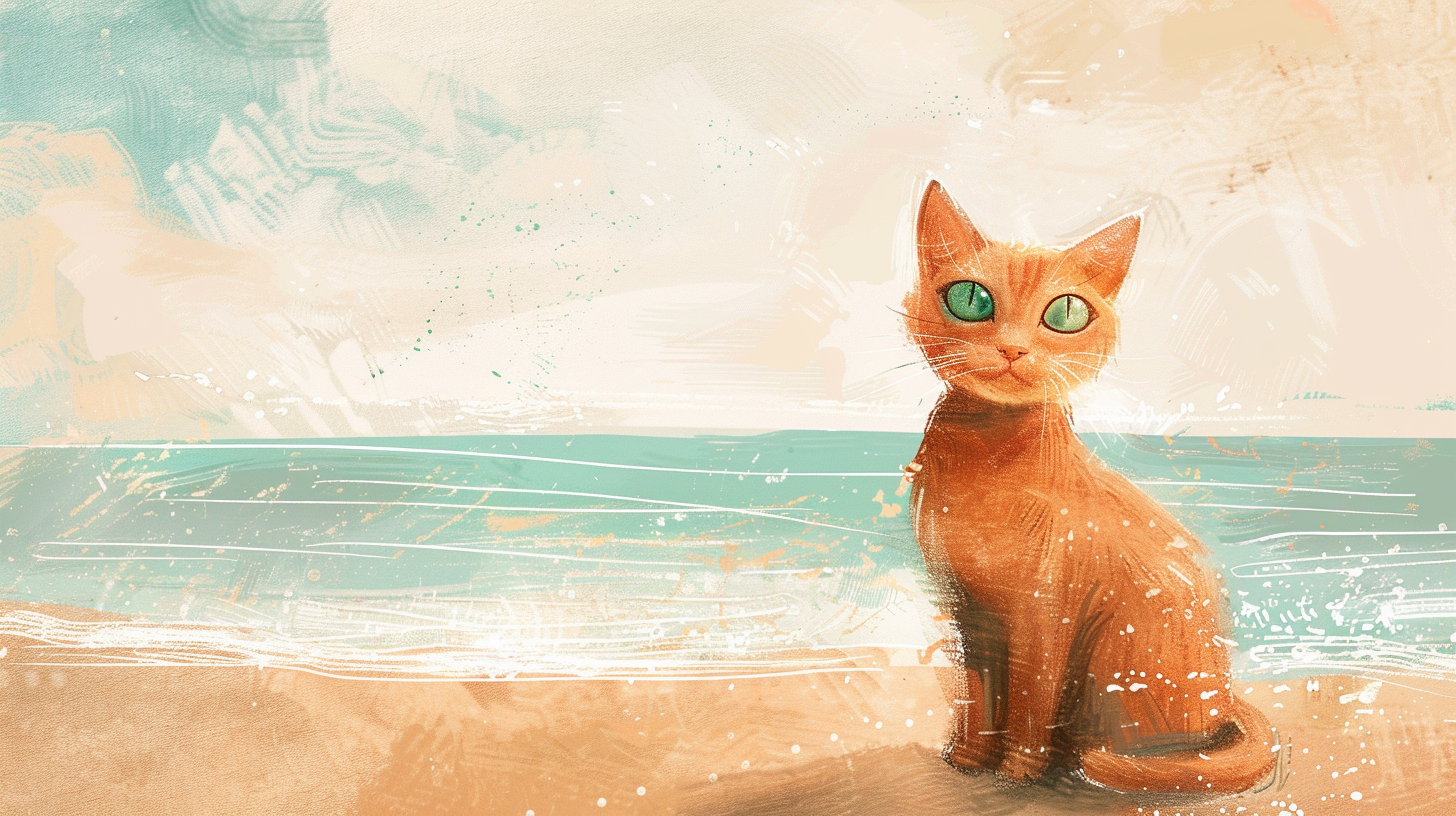 A happy cat on sunny beach in children's book.