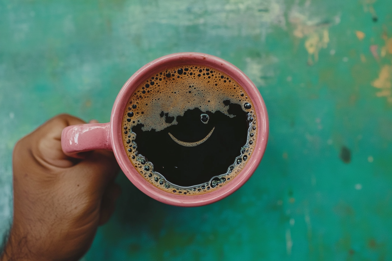 A happy coffee mug on a green table