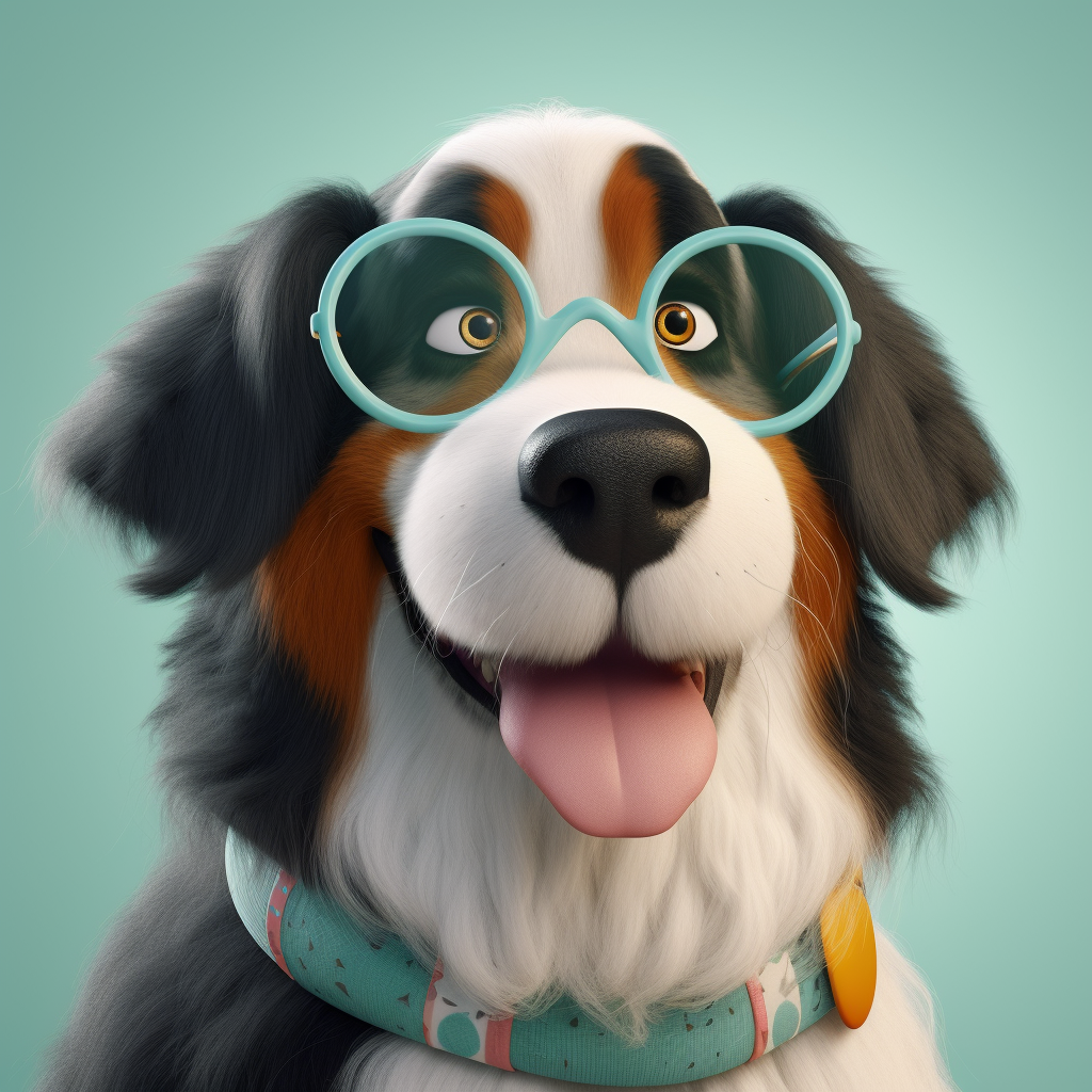 A happy dog with glasses, clown makeup portrait.