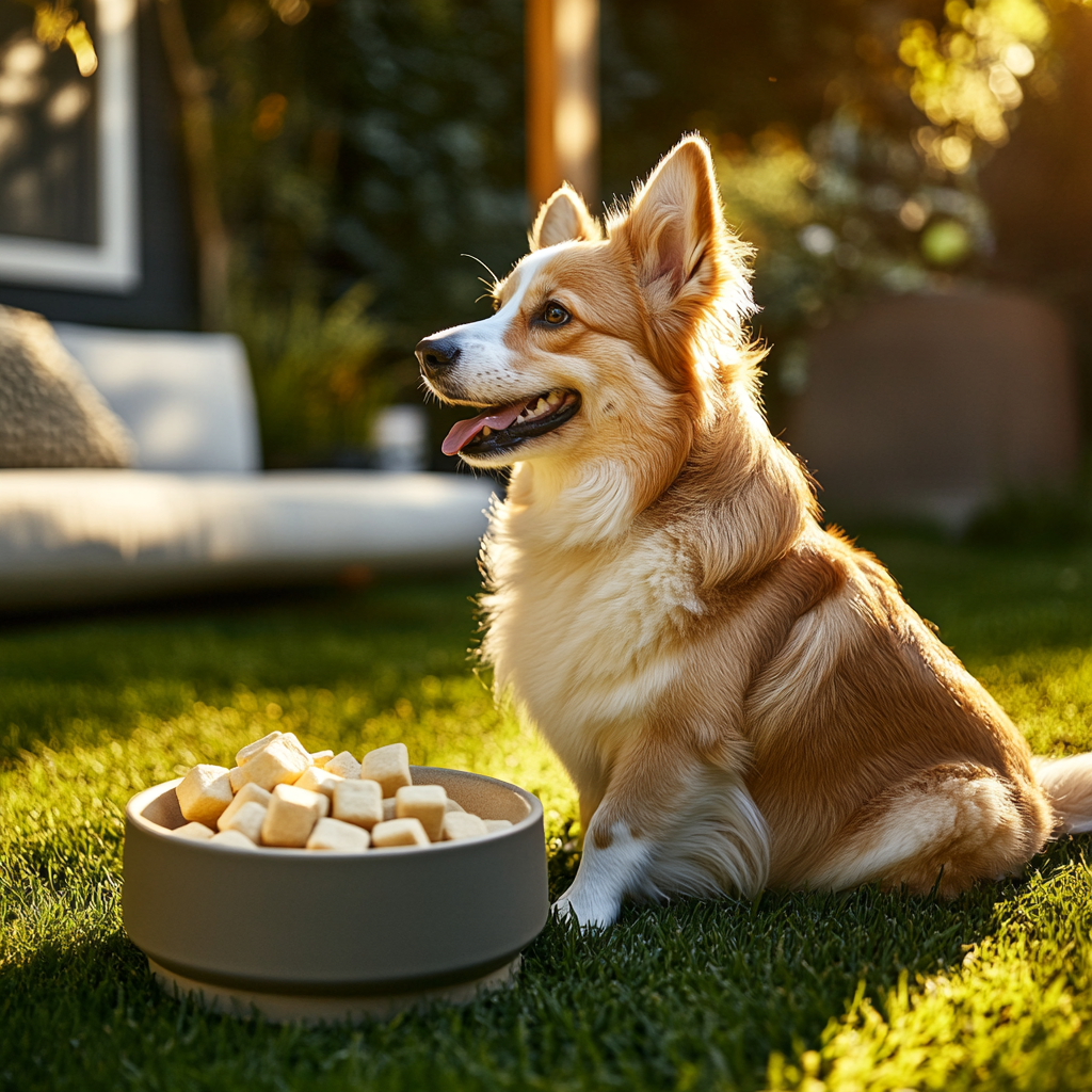 A happy dog with treats in grassy field.