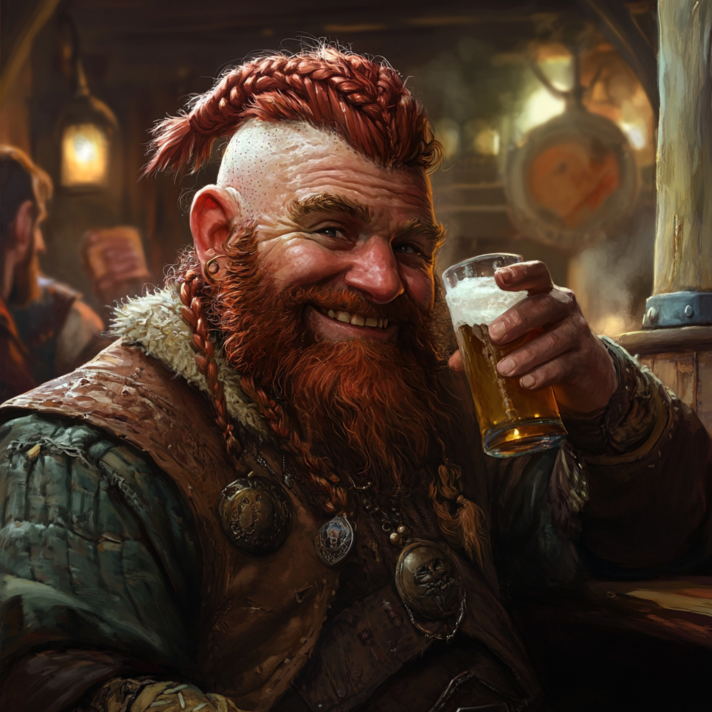 A happy dwarf with red hair drinking in tavern.