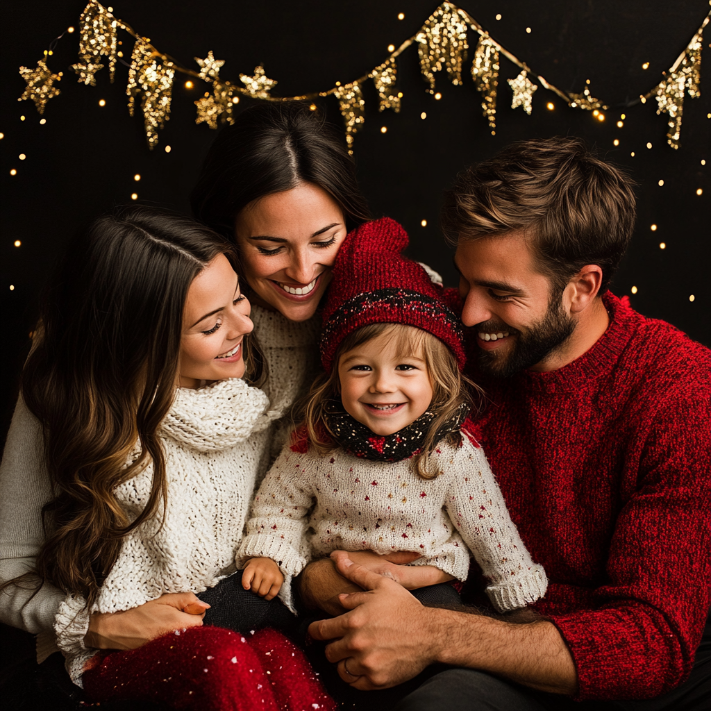 A happy family celebrating Christmas with festive outfits