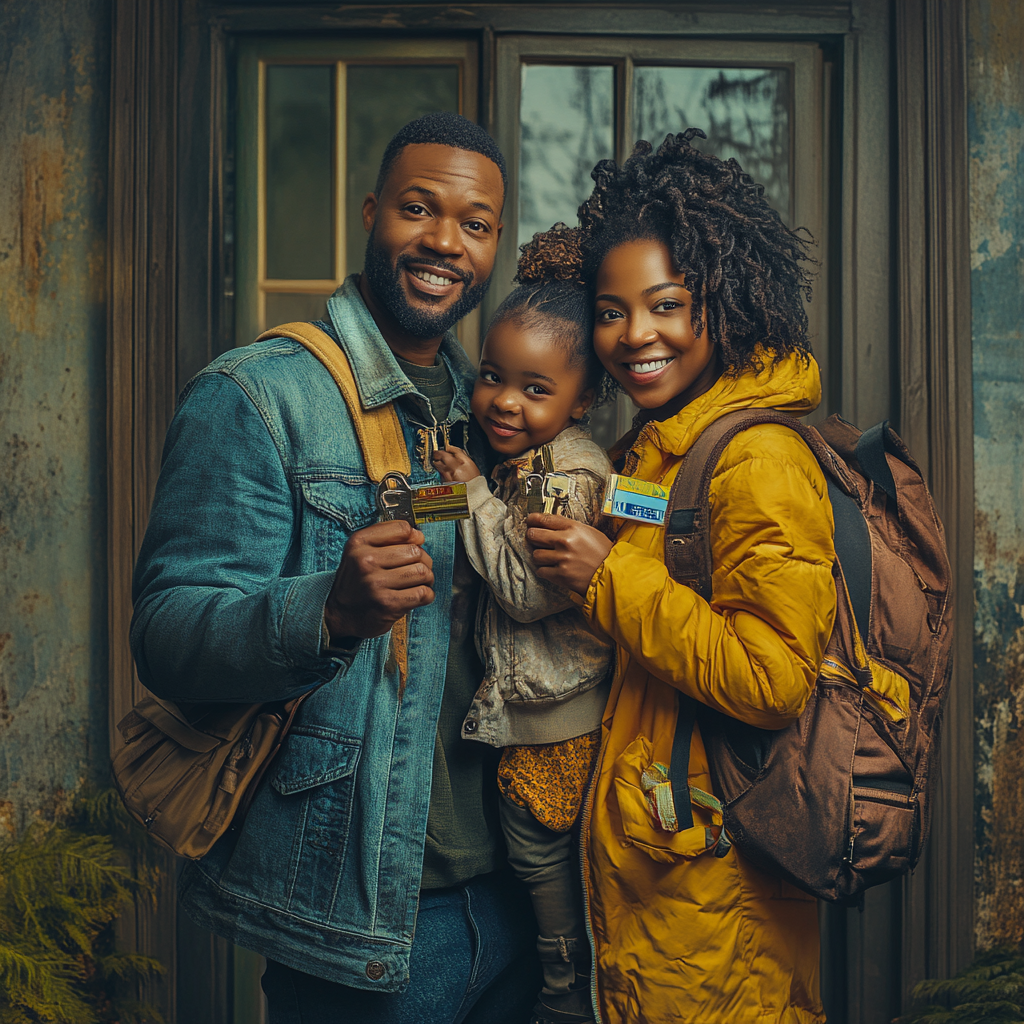 A happy family in front of their new house