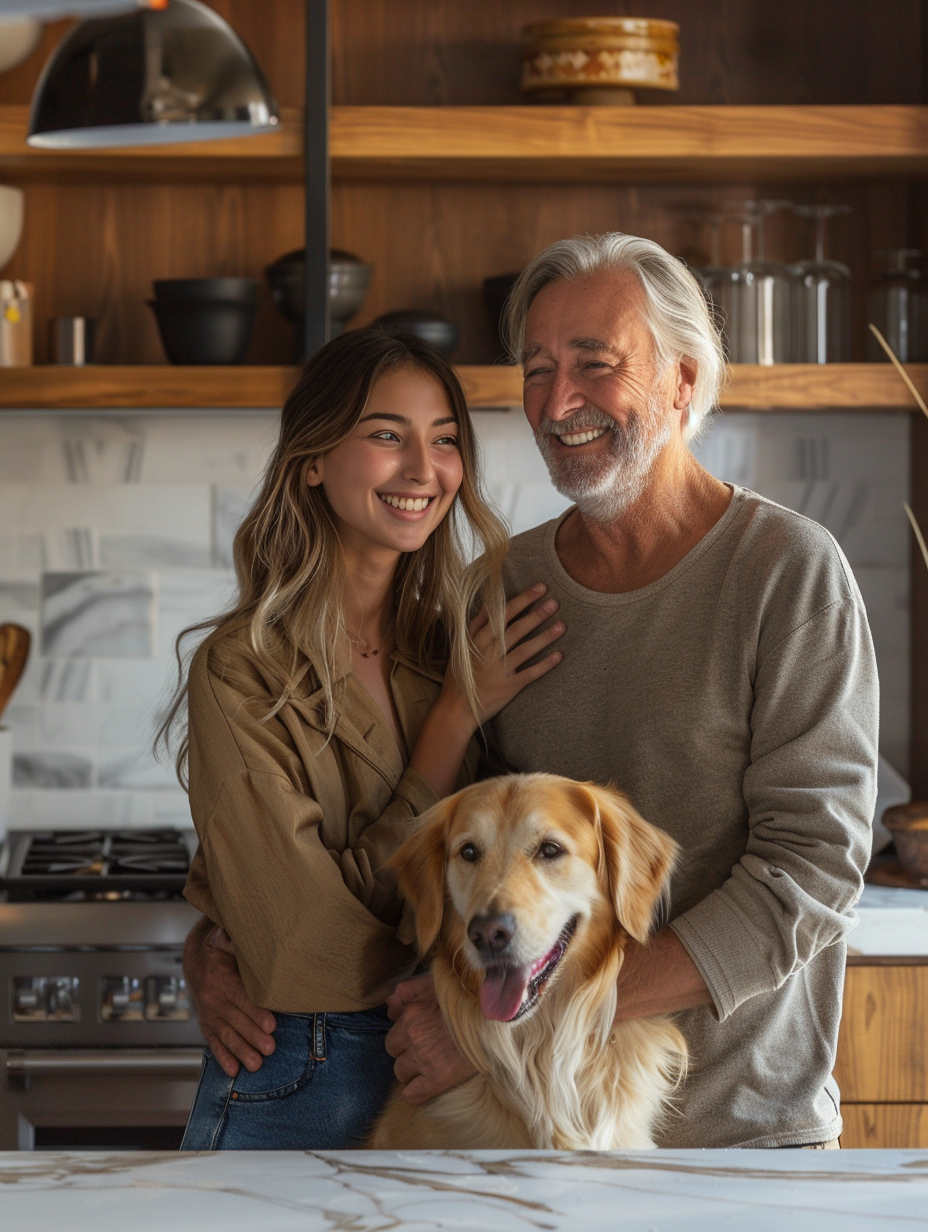 A happy family in the kitchen posing for photo