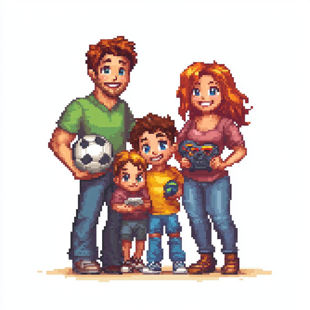 A happy family of four in colorful pixel art.