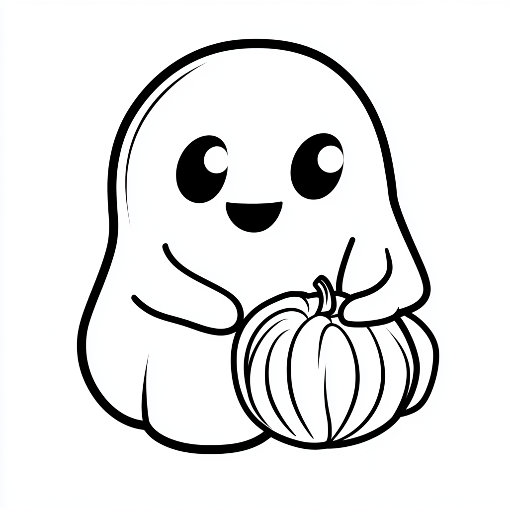 A happy ghost holding a small pumpkin drawing.