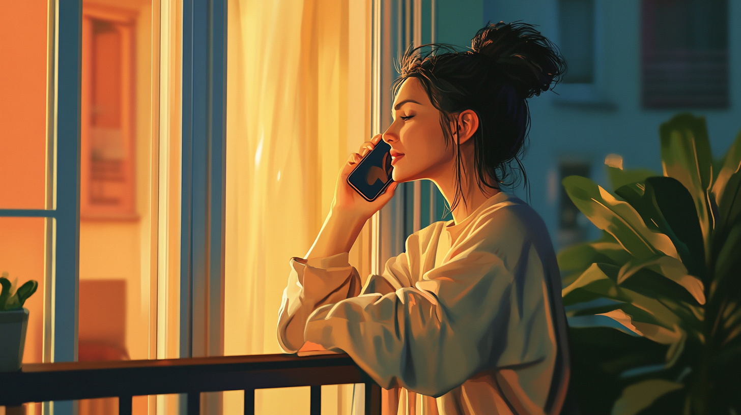 A happy girl talking on phone at night