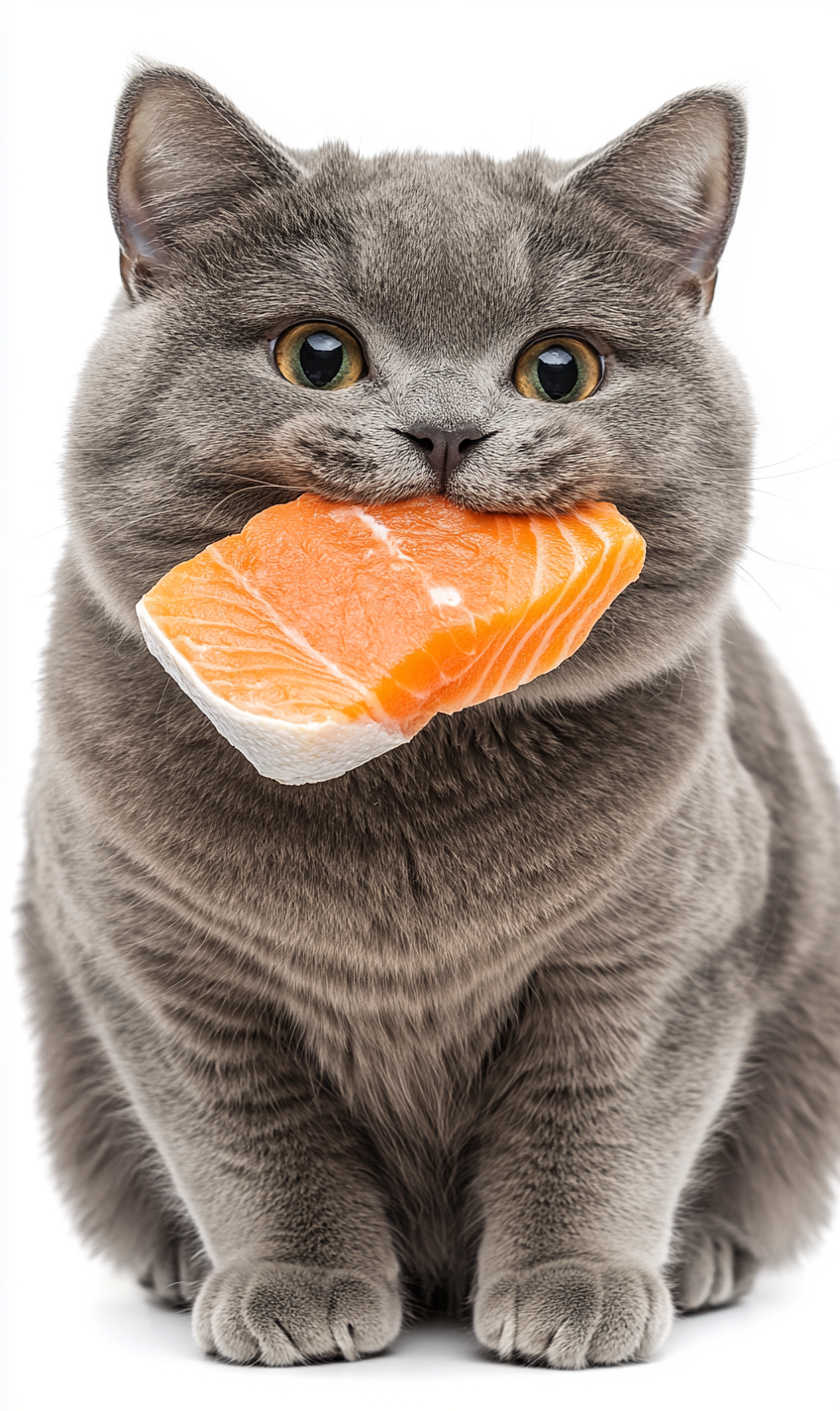 A happy grey cat with salmon in mouth