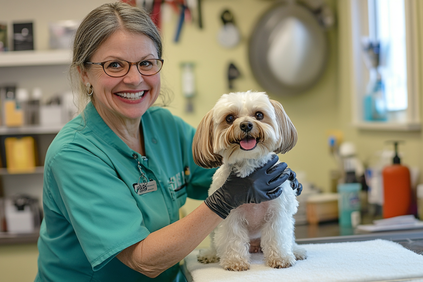 A happy groomer taking care of animals