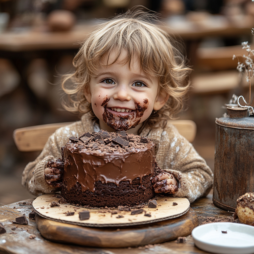 A happy kid eating chocolate cake at restaurant