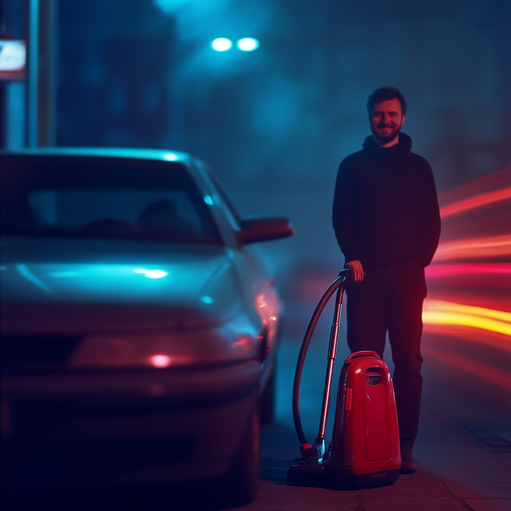 A happy man by a car with vacuum.